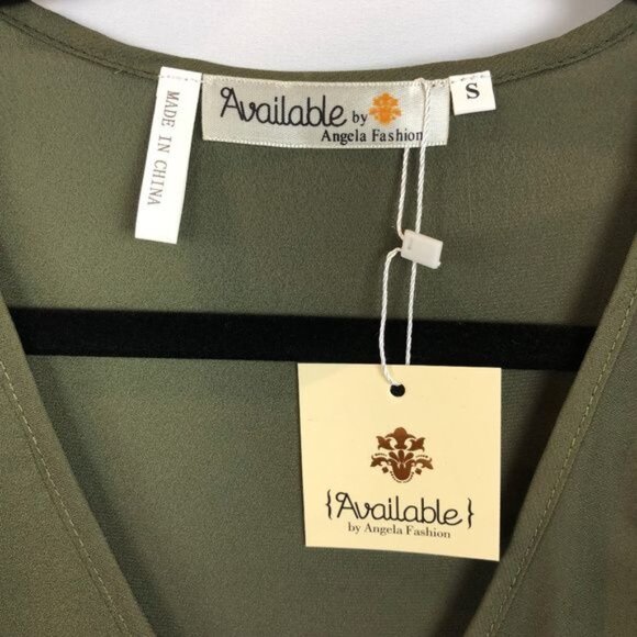 Olive Green V-Neck Ruffle Hem Bell Sleeve Blouse S 100% Polyester Womens Top - Picture 2 of 12